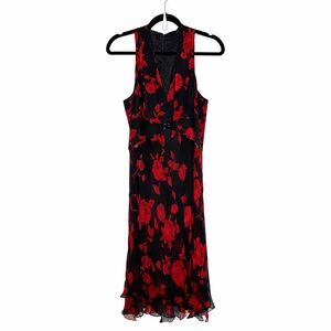 Y2K Donna Morgan 100% Silk Red Rose Floral Midi Dress Size 16 Whimsigoth Fairy